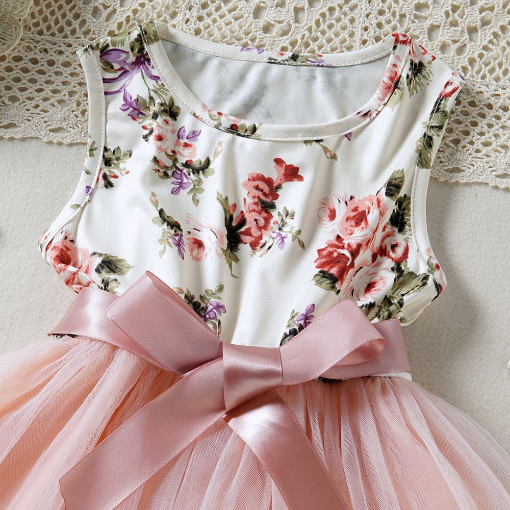 New children's clothing girls' dress for spring and summer floral mesh vest princess dress with tie up included