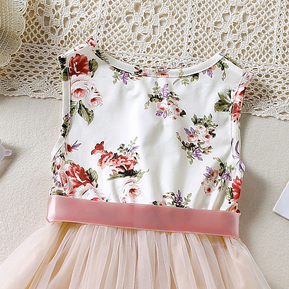 New children's clothing girls' dress for spring and summer floral mesh vest princess dress with tie up included