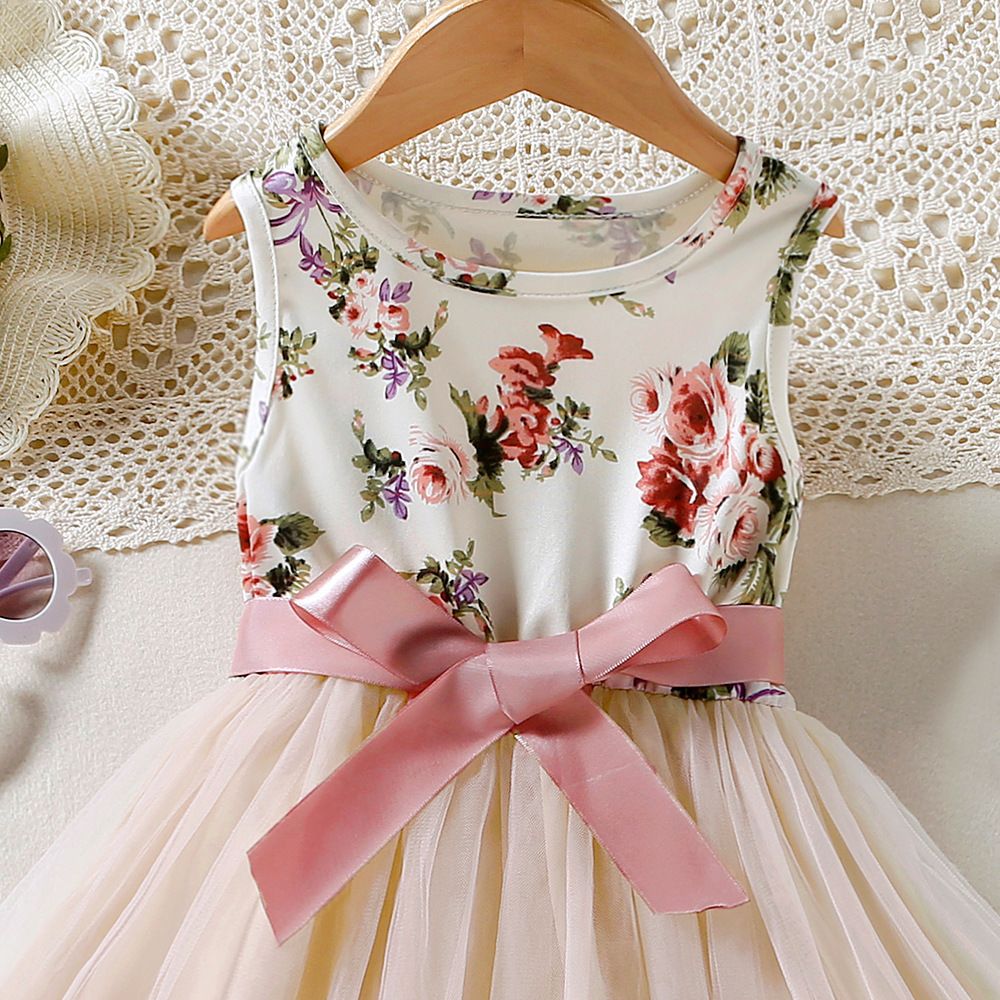 New children's clothing girls' dress for spring and summer floral mesh vest princess dress with tie up included