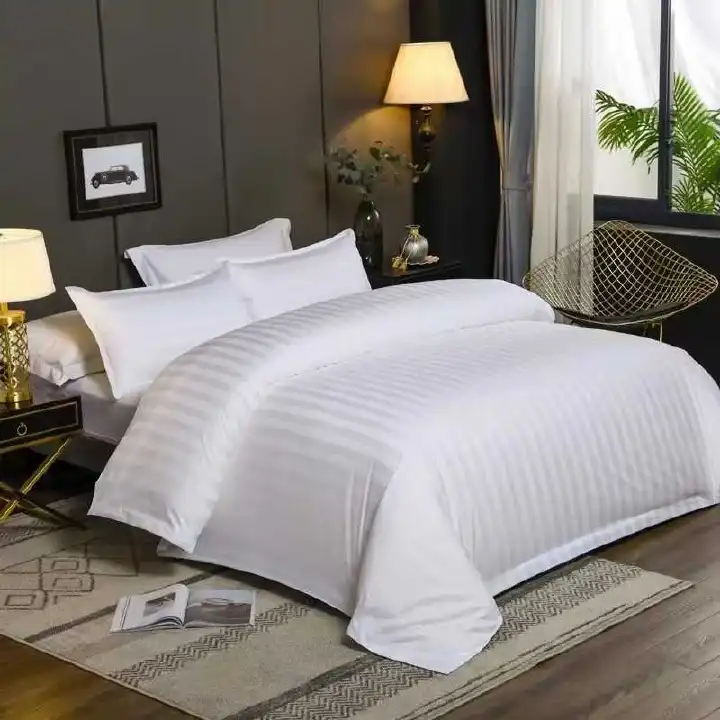 6*6 5-Star Hotel Quality 100% Cotton Duvet Cover Set White Stripe Plain Dyed Woven Fitted Bed Sheet