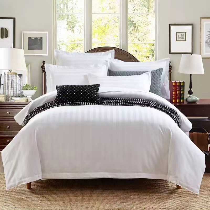 6*6 5-Star Hotel Quality 100% Cotton Duvet Cover Set White Stripe Plain Dyed Woven Fitted Bed Sheet