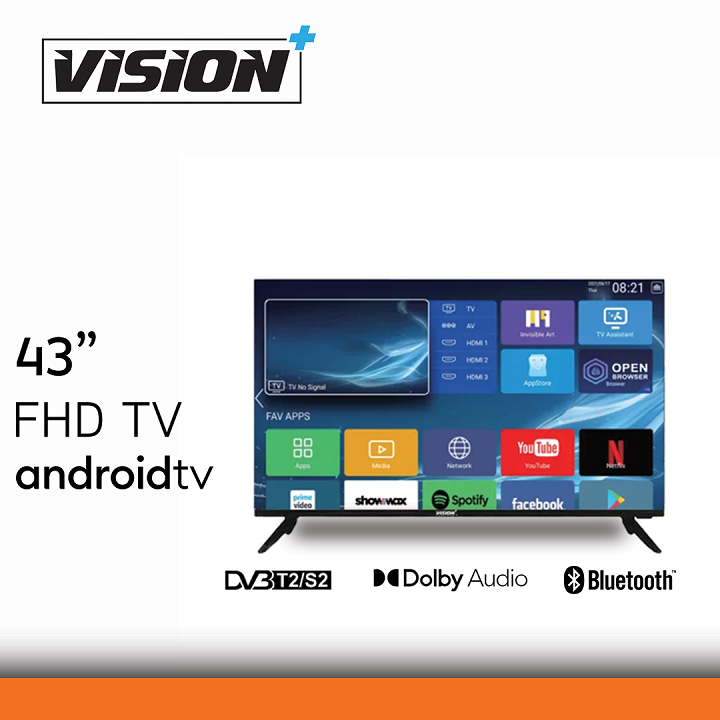 VISION PLUS 43" inch FRAMELESS Full HD Smart Android TV BLUETOOTH Enabled,NETFLIX,YOUTUBE Inbuilt Decoder VP8843SF Dolby Audio DVBT2/S2 WIFI +FREE TVGUARD+BRACKET