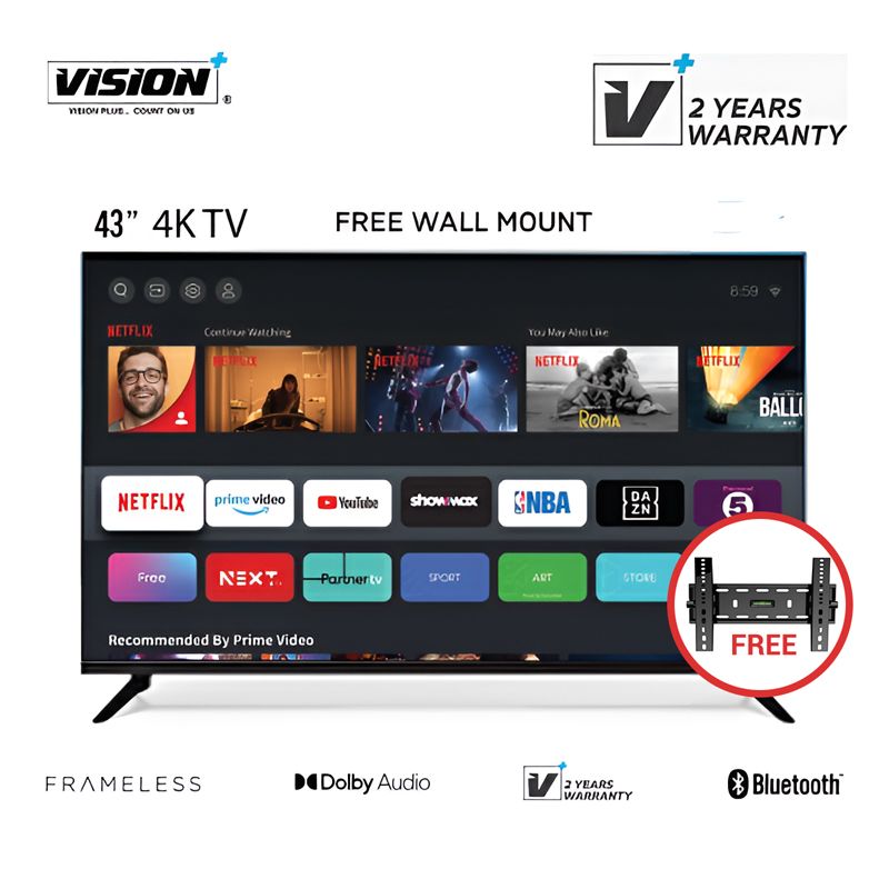 VISION PLUS 43" inch FRAMELESS Full HD Smart Android TV BLUETOOTH Enabled,NETFLIX,YOUTUBE Inbuilt Decoder VP8843SF Dolby Audio DVBT2/S2 WIFI +FREE TVGUARD+BRACKET