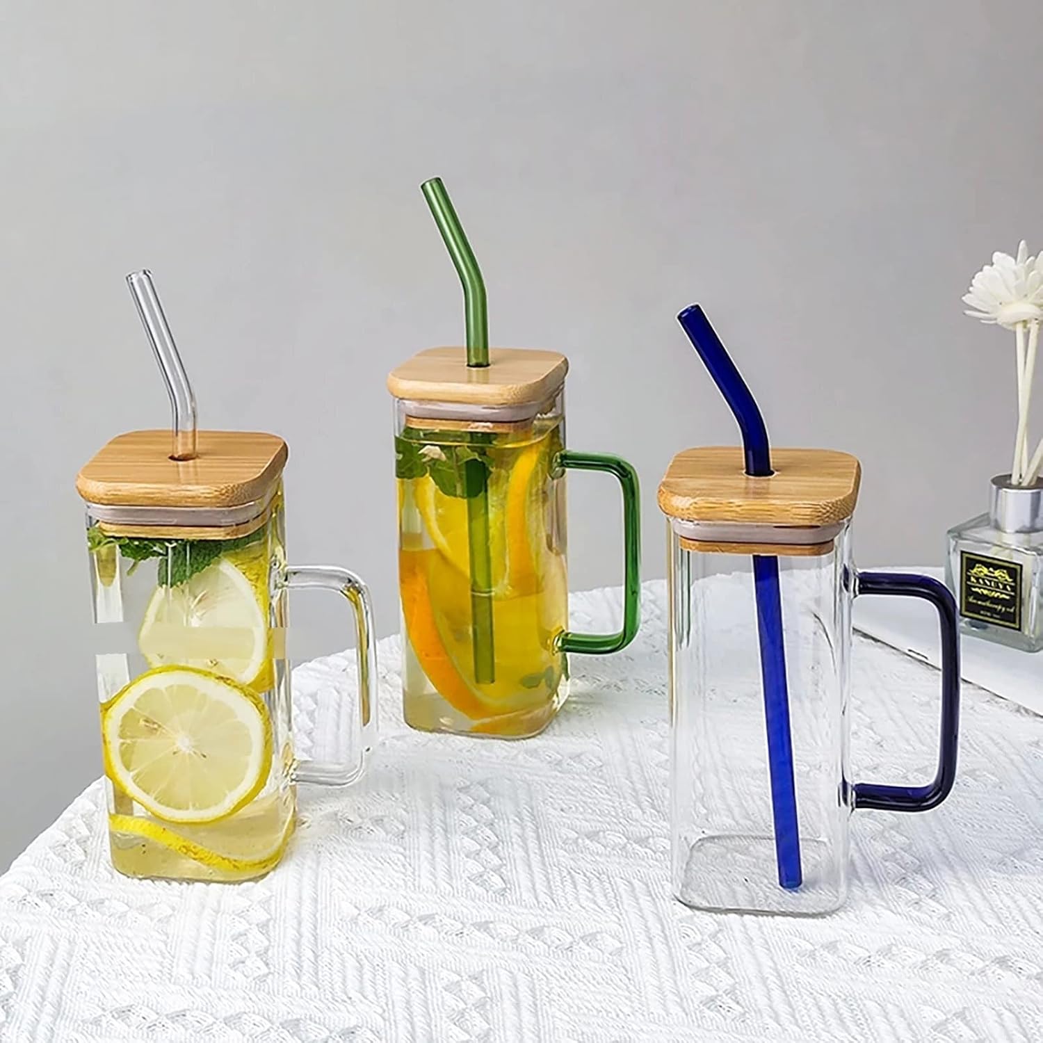 620ml high quality borosilicate glass cup with handle and bamboo lid