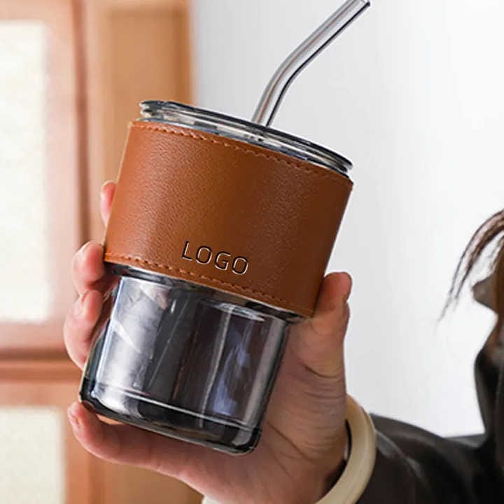 Glass Cups With Cover+Straw+Leather Sleeve