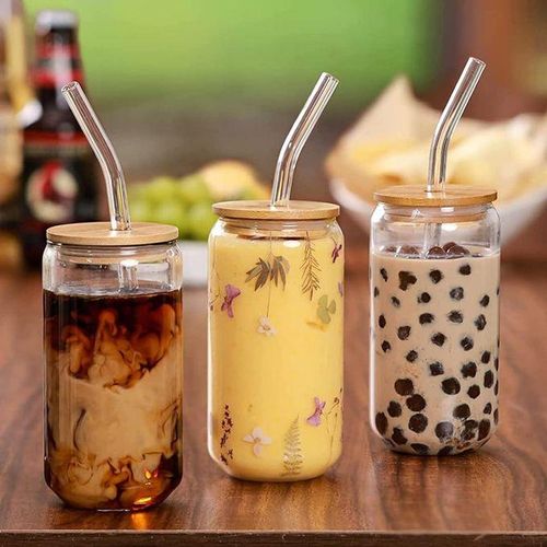 Glass Cup With Bamboo Lid and Glass Straw For Iced Coffee, Cute Tumbler Cup For Smoothies, Boba Tea, Whiskey and Water
