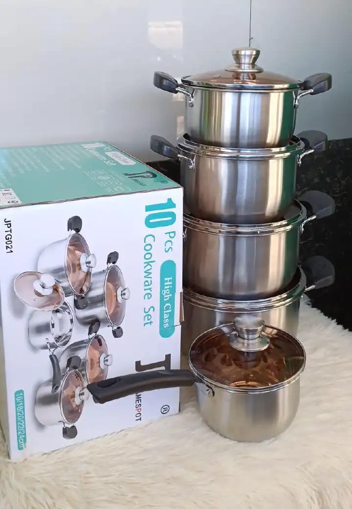 PREMIUM🪻JP 10pcs Premium quality Stainless Steel Cookware Sets Pot Sufuria with Glass Lids.Heavy duty Supports induction cooking Non-stick Easy to maintain and clean Can be used on any stove, gas