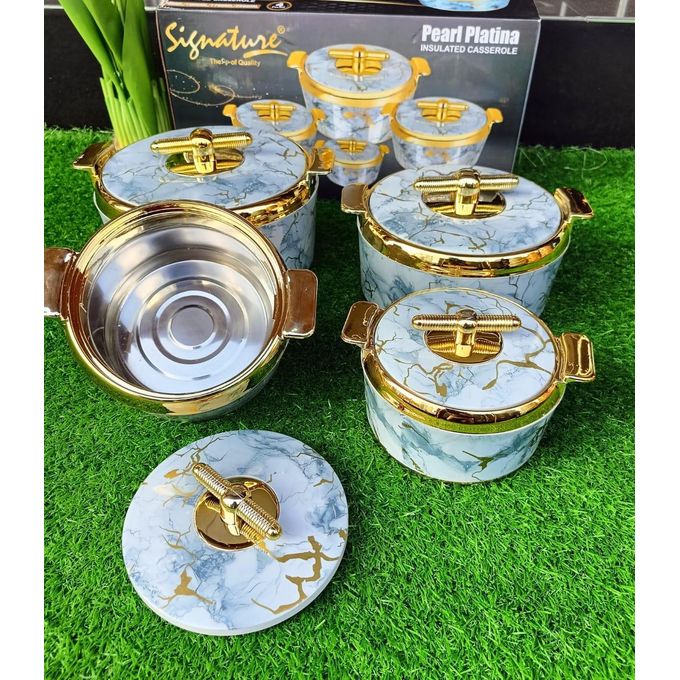 Signature Pearl Platina 4Pcs Premium Insulated Hot Pot Set – Elegant Marble Design. a marble-inspired glossy finish and gold-accented handles, this set brings a touch of sophistication and class