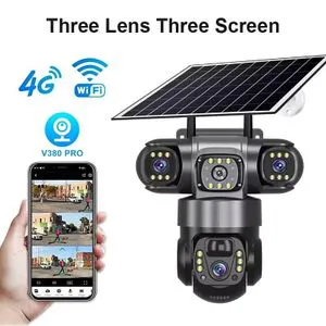 Intelligence 4G (Simcard) V380 Triple Lens Three Screens Camera Solar Powered - (PIR Human Detection,Colored Night Vision, All Weatherproof, Security Video IP Camara 12mp Battery CCTV Monitor)