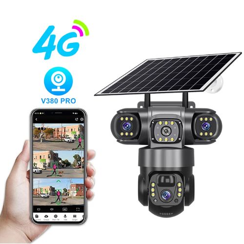 Intelligence 4G (Simcard) V380 Triple Lens Three Screens Camera Solar Powered - (PIR Human Detection,Colored Night Vision, All Weatherproof, Security Video IP Camara 12mp Battery CCTV Monitor)
