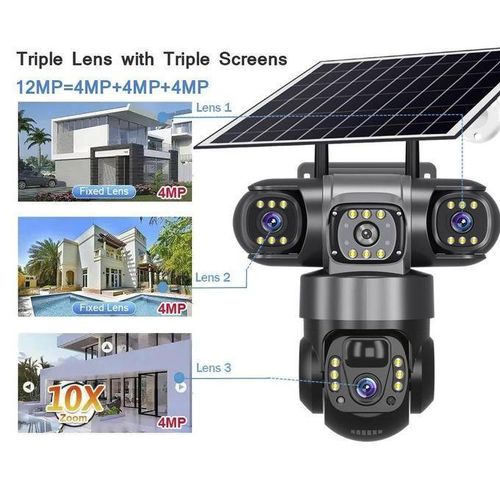 Intelligence 4G (Simcard) V380 Triple Lens Three Screens Camera Solar Powered - (PIR Human Detection,Colored Night Vision, All Weatherproof, Security Video IP Camara 12mp Battery CCTV Monitor)