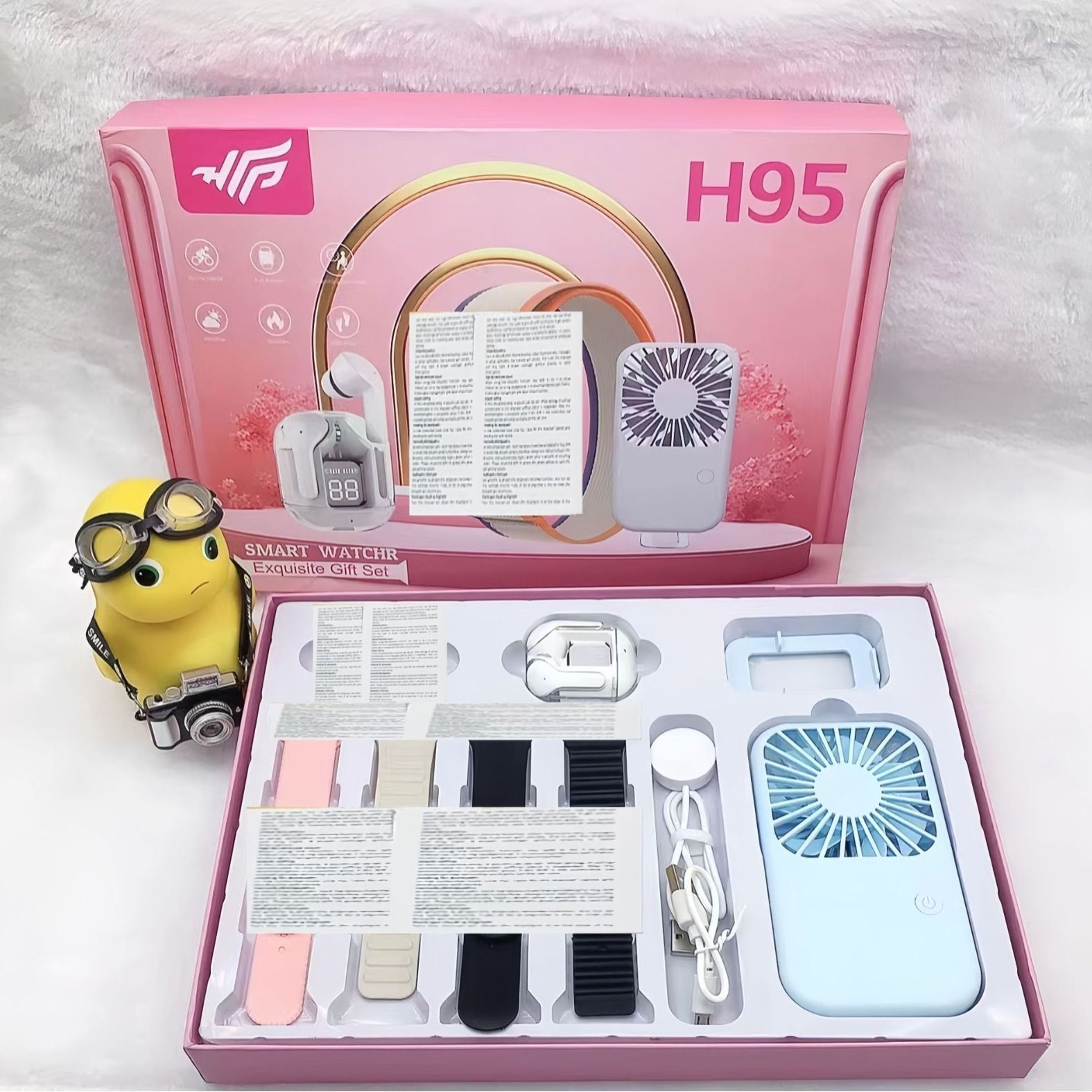 H95 ultra3 smart watch 6-in-1 Bluetooth Smart Watch Earphone Mini Fan Men Women Bluetooth Calling Blood Pressure Heart Rate Monitor Sports Fitness Bracelet Smartwatch+Free Gift Bluetooth Earphone