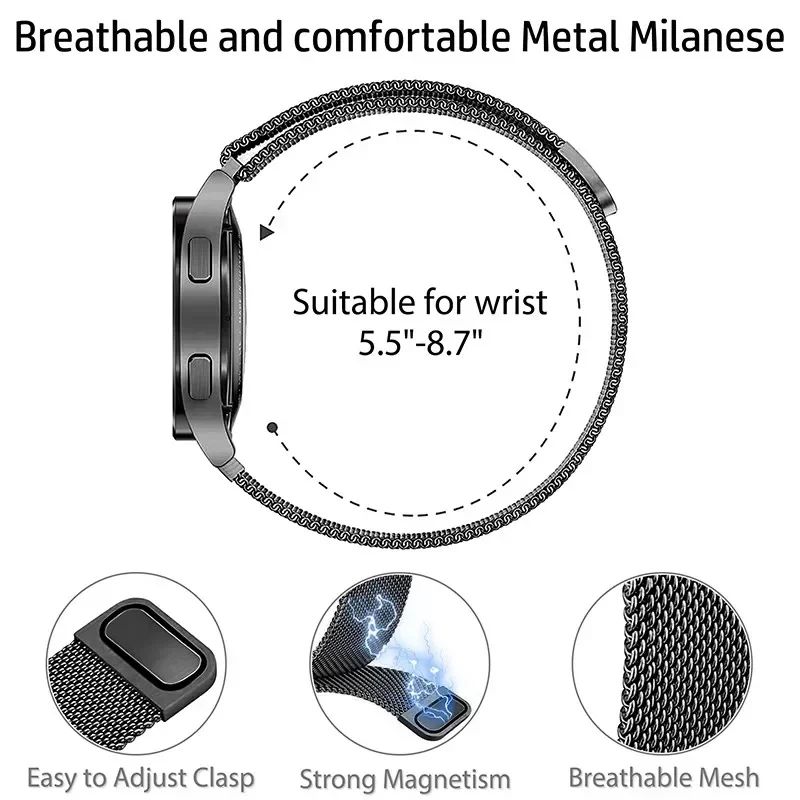 22mm 20mm Milanese Loop Strap For Samsung Galaxy Watch 7 6 5 4 44mm 40mm Classic Active 2 Bracelet Huawei Gt Magnetic Watch Band Stainless steel Magnetic buckle 20mm/22mm watchband