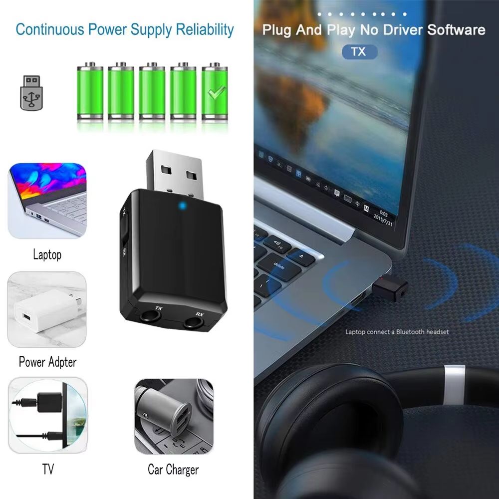 USB Bluetooth 5.0 Transmitter Receiver 3 In1 EDR Adapter Dongle 3.5mm AUX for TV PC Laptop Headphones Home Stereo Car HIFI Audio