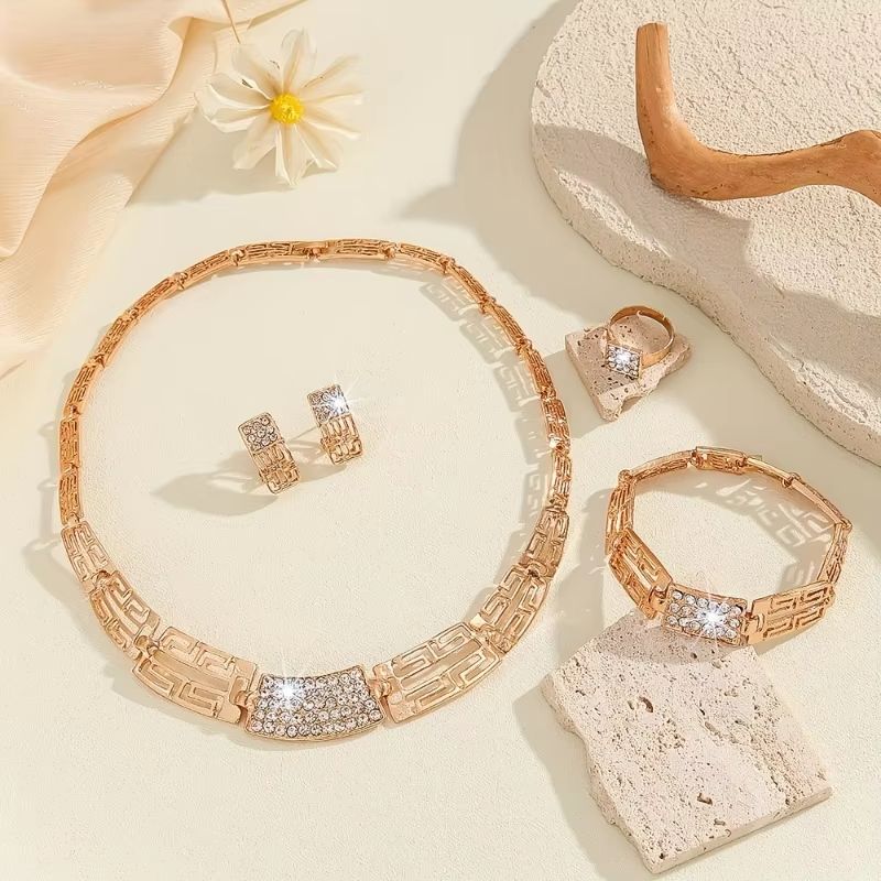Personalized Punk Style Hollow Design Necklace Bracelet Earrings Ring Ladies Classic Jewelry Set Fashion 4pcs/set Womens engagement wedding bridal jewelry