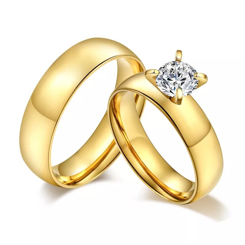 Shining Big White Stones Wedding Couple Rings 6mm Gold Color Stainless Steel Lovers Women Engagement Jewelry