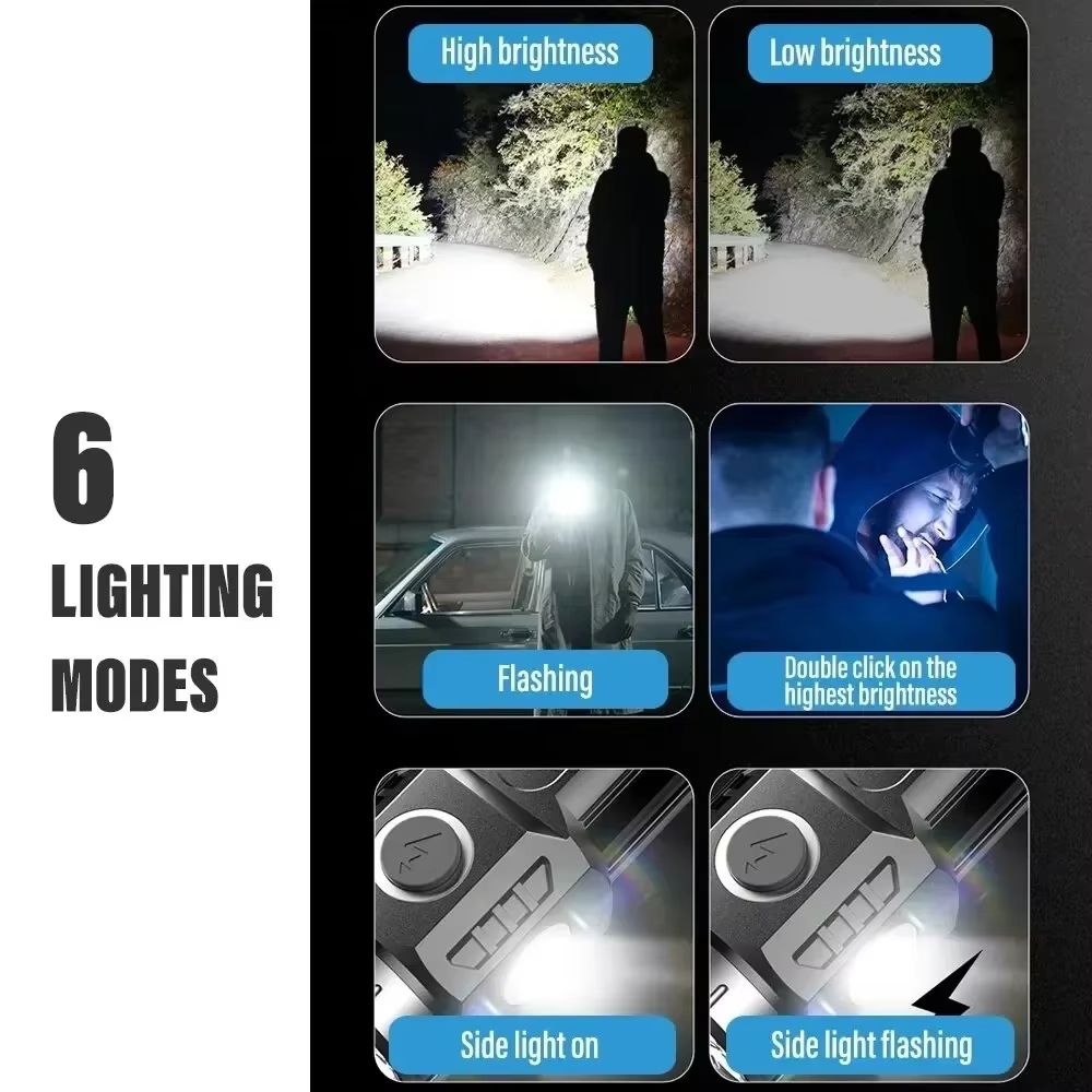 MINI LED Flashlight Rechargeable Camping Light With Side Lights and Lampshade Tail with Magnet Suitable for Exploring, Camping
