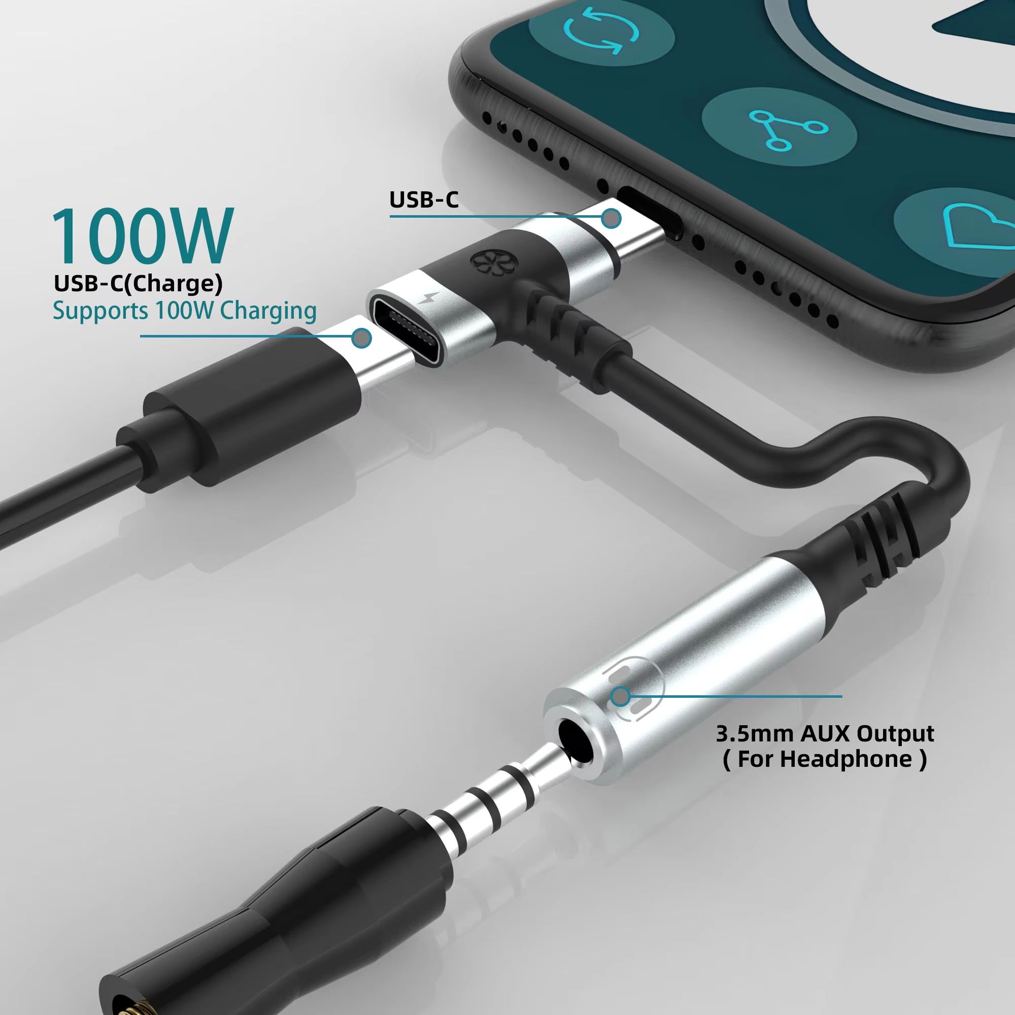 USB C to 3.5mm earphones and charger adapter 2-in-1 C-type to Aux microphone jack, with PD 100W fast charging encryption dongle.