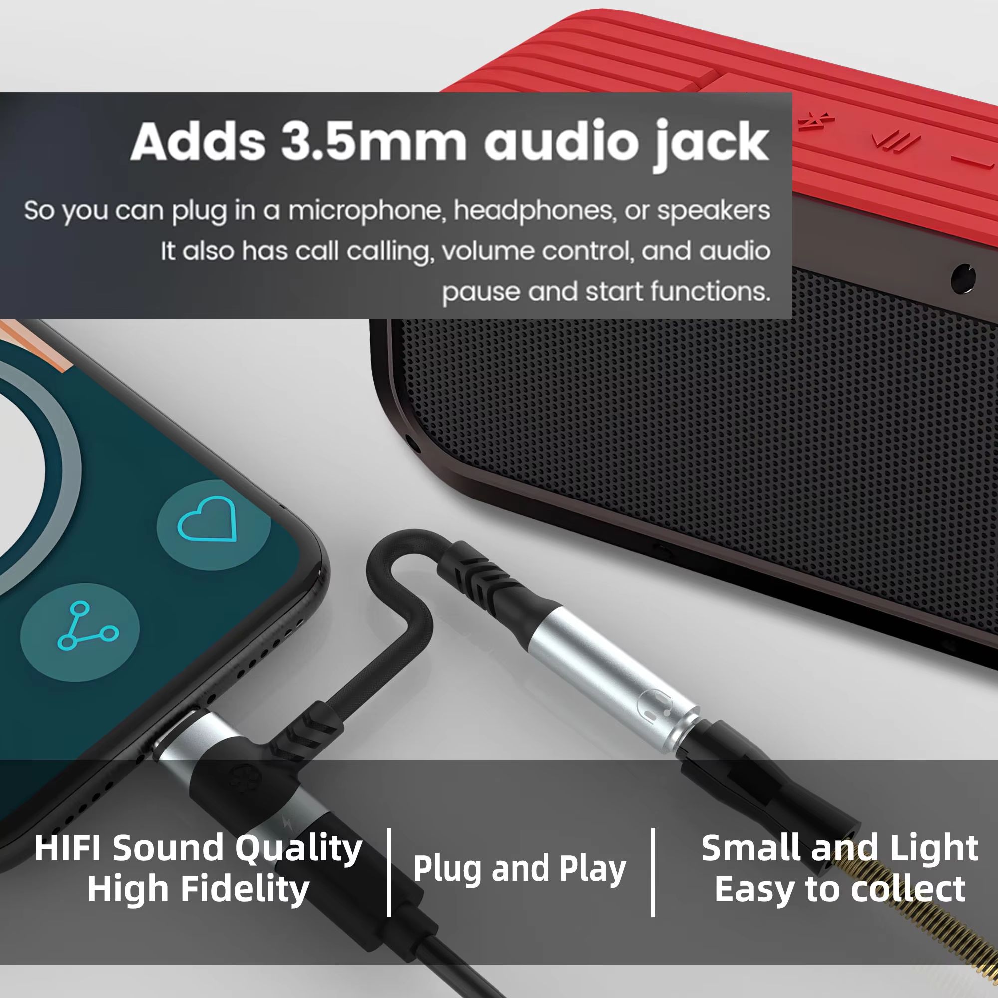 USB C to 3.5mm earphones and charger adapter 2-in-1 C-type to Aux microphone jack, with PD 100W fast charging encryption dongle.