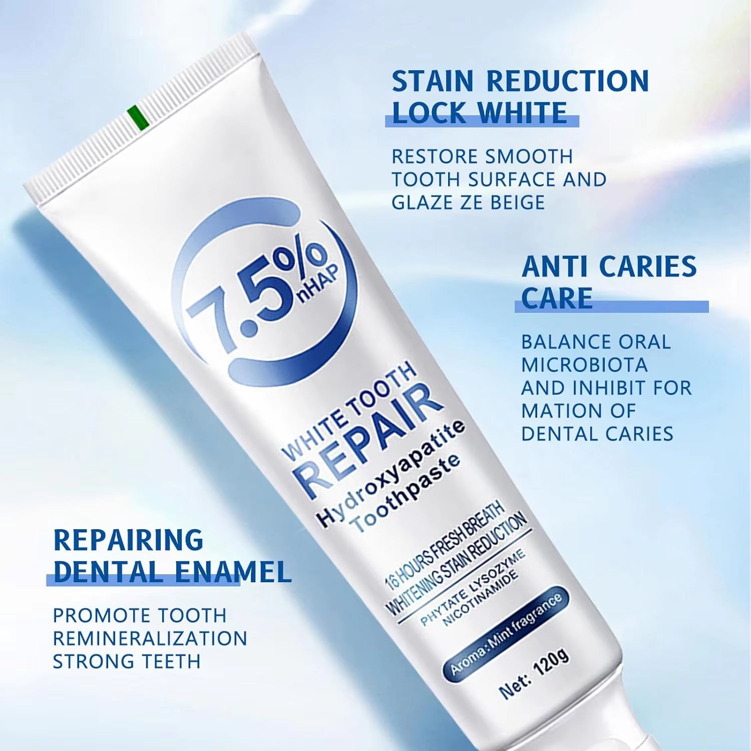 120g Whitening Toothpaste Hydroxyapatite Protect Gum Health Remove Plaque Stains Fresh Bad Breath Deep Clean Brightening Tooth