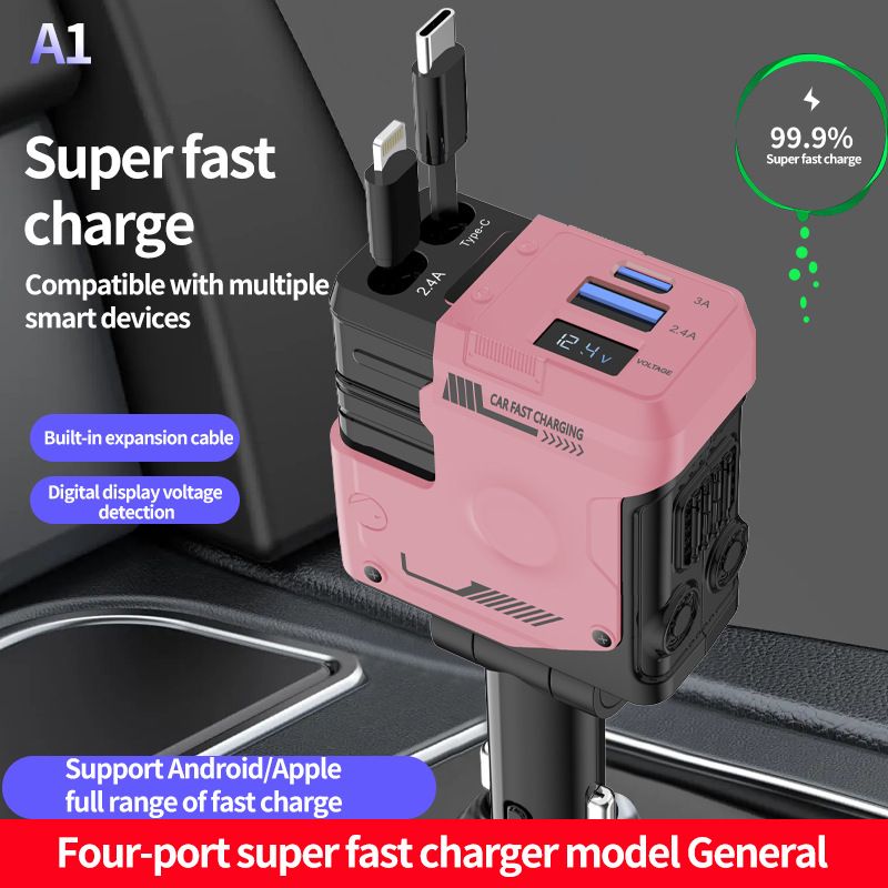120W Car Charger, 4-in-1 Retractable Cigarette Lighter Adapter with USB Type C Fast Charging Cable for iPhone & Android Devices