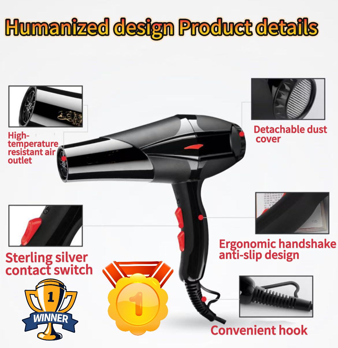 Hair Dryers 800 W Super Wind Speed 3 Speed and 2 Temperature Settings - Includes 3 Styling Nozzles and 2 Comb Accessories Multifunctional Hairstyles