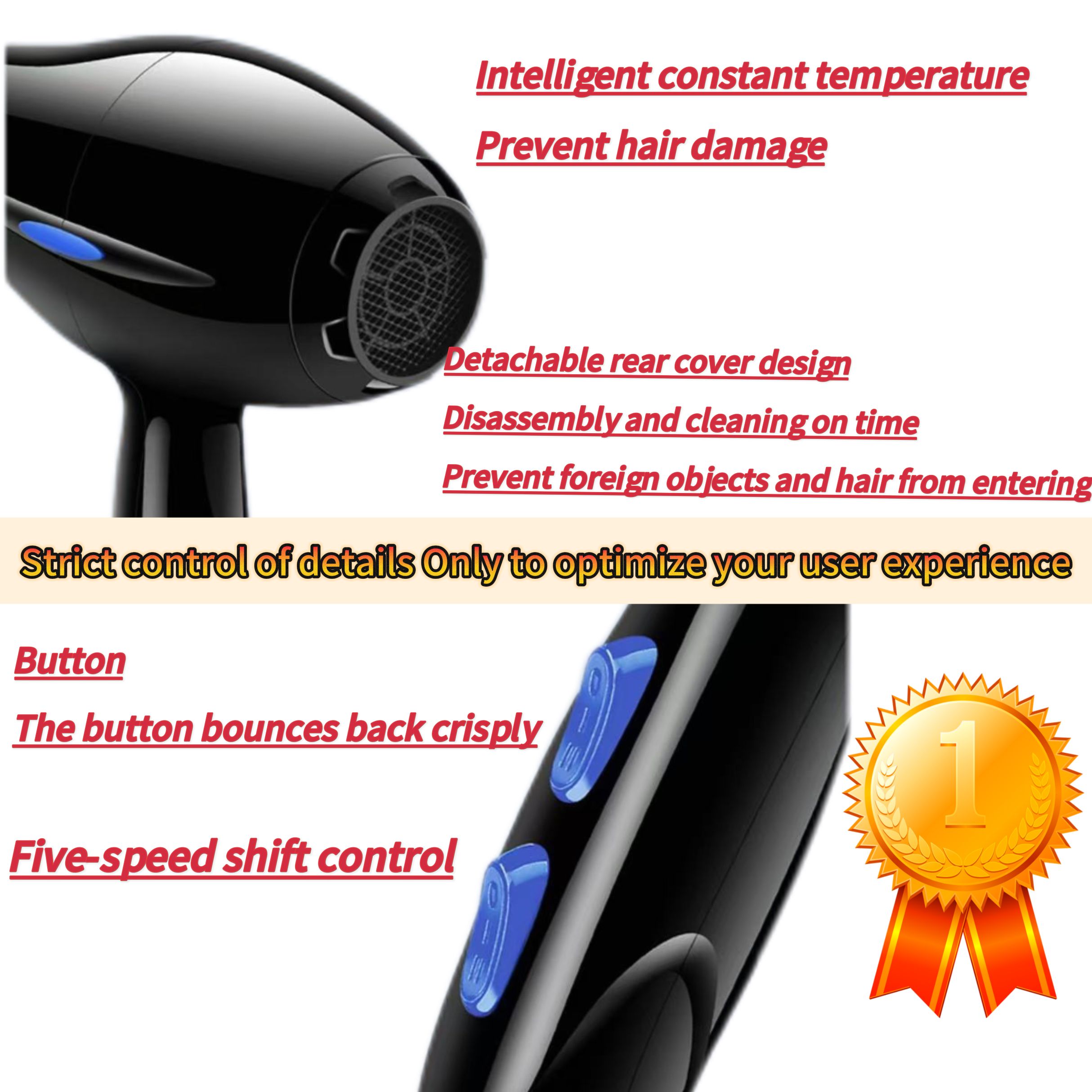 Hair Dryers 800 W Super Wind Speed 3 Speed and 2 Temperature Settings - Includes 3 Styling Nozzles and 2 Comb Accessories Multifunctional Hairstyles