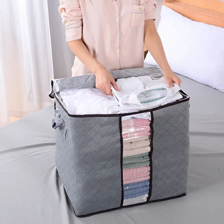 Gray Single or 2 Piece Set Quilt Foldable Portable Large Storage Bag Non-Woven Oversized Organizer Moisture Proof Luggage Duvet Cloth Storage Bag Suitcase Bag Box