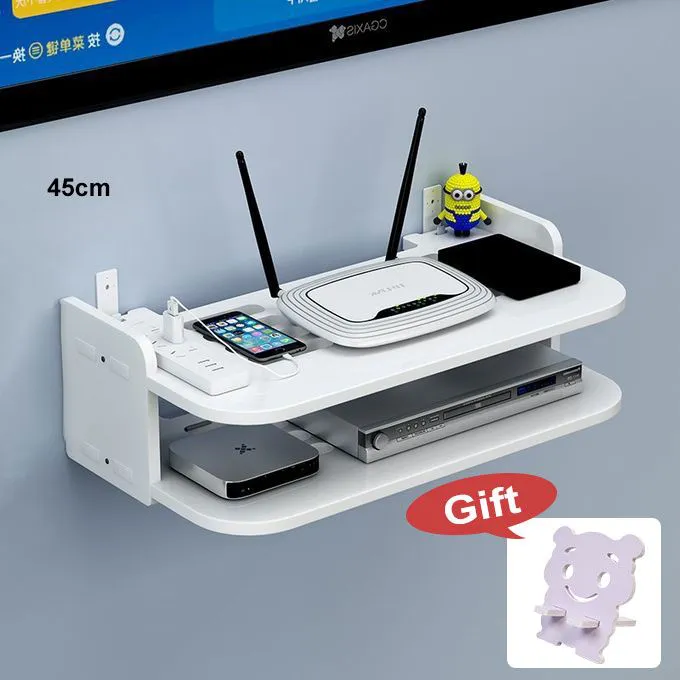 Wall Mounted TV Decoder Shelf & WiFi Router Storage Rack - No Drill Floating Shelf for Set-Top Box/DVD (35/40/45cm) + Phone Holder