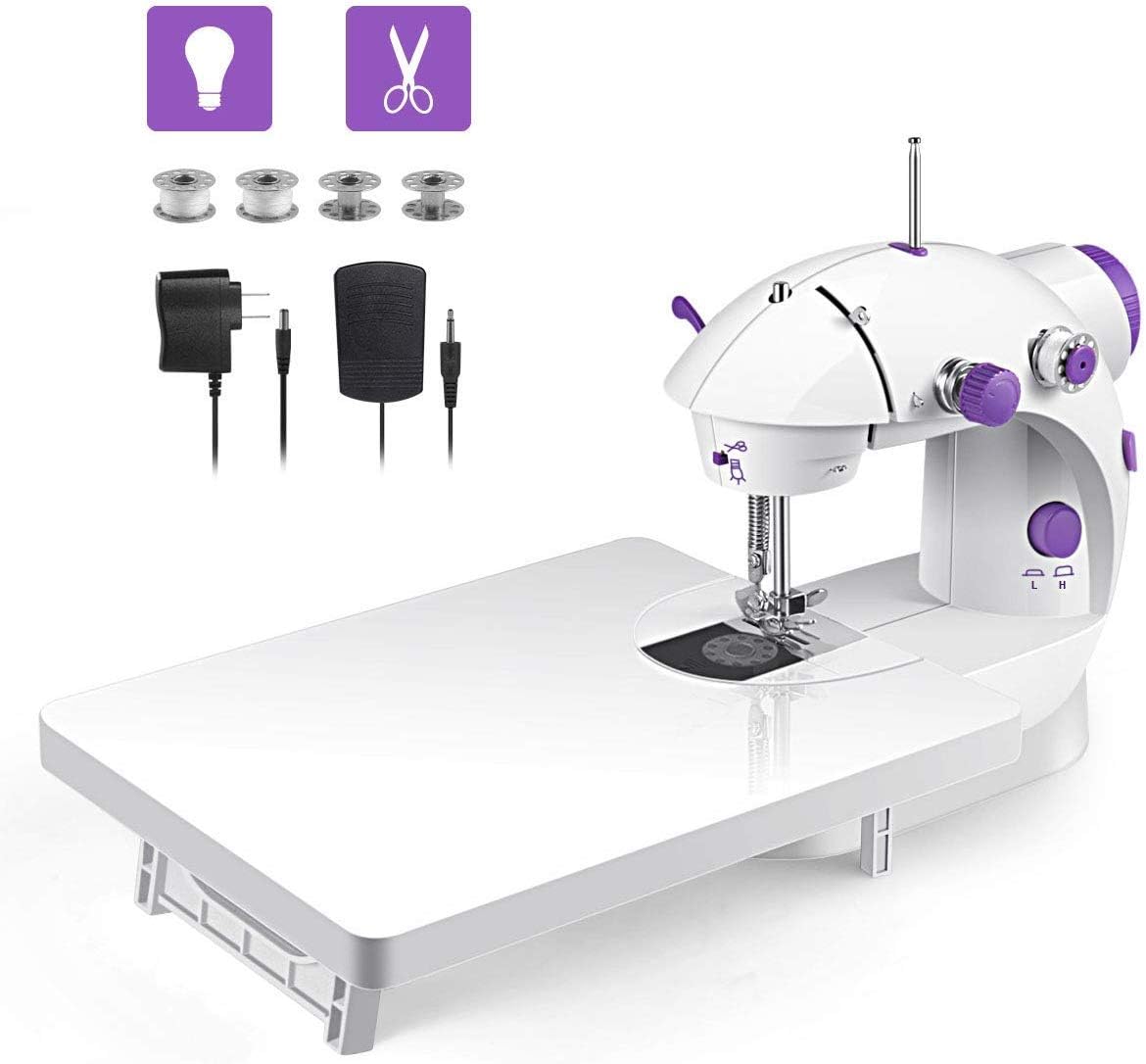 Beginner Sewing Machine Portable Mini Tabletop Foot Pedal Night Light Home Straight Cutting Machine Auto Wrap Sewing Mini Household Items With Sewing Kit Adapter and Extension Table