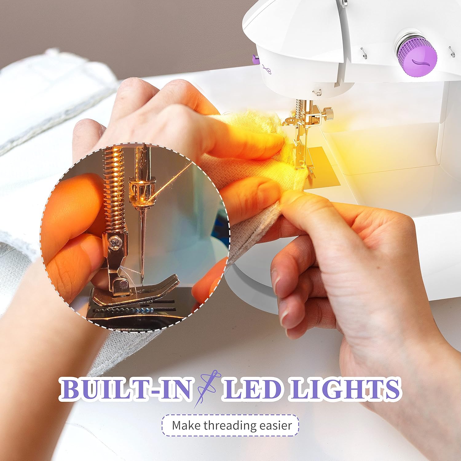 Beginner Sewing Machine Portable Mini Tabletop Foot Pedal Night Light Home Straight Cutting Machine Auto Wrap Sewing Mini Household Items With Sewing Kit Adapter and Extension Table