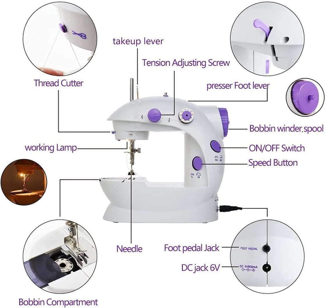 Beginner Sewing Machine Portable Mini Tabletop Foot Pedal Night Light Home Straight Cutting Machine Auto Wrap Sewing Mini Household Items With Sewing Kit Adapter and Extension Table
