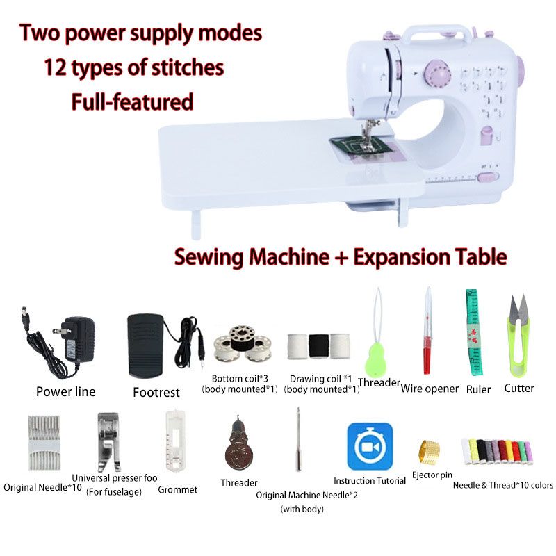 Home Sewing Machine 12 Needle Portable Mini Electric Sewing Machine Foot Pedal Dual Thread Ironing Presser Beginner 12 Built-in Stitches 2 Speed, Light, Storage Drawer,expansion table-UK plug