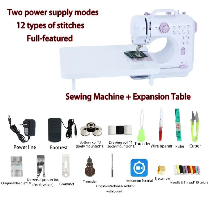 12 Stitches Electric Mini Sewing Machine with Expansion Table - Portable Multi-function Tailoring Machine for Beginners - UK Plug Ideal for Home DIY