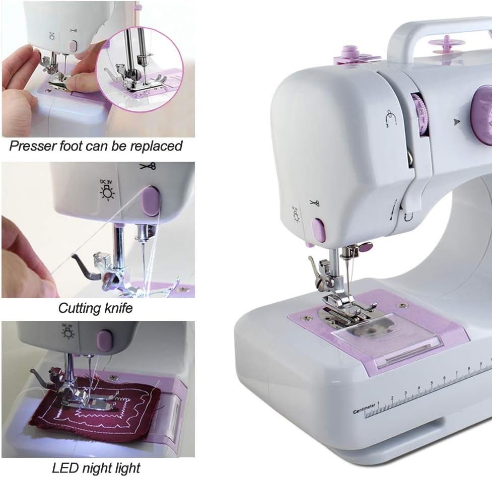 Home Sewing Machine 12 Needle Portable Mini Electric Sewing Machine Foot Pedal Dual Thread Ironing Presser Beginner 12 Built-in Stitches 2 Speed, Light, Storage Drawer,expansion table-UK plug