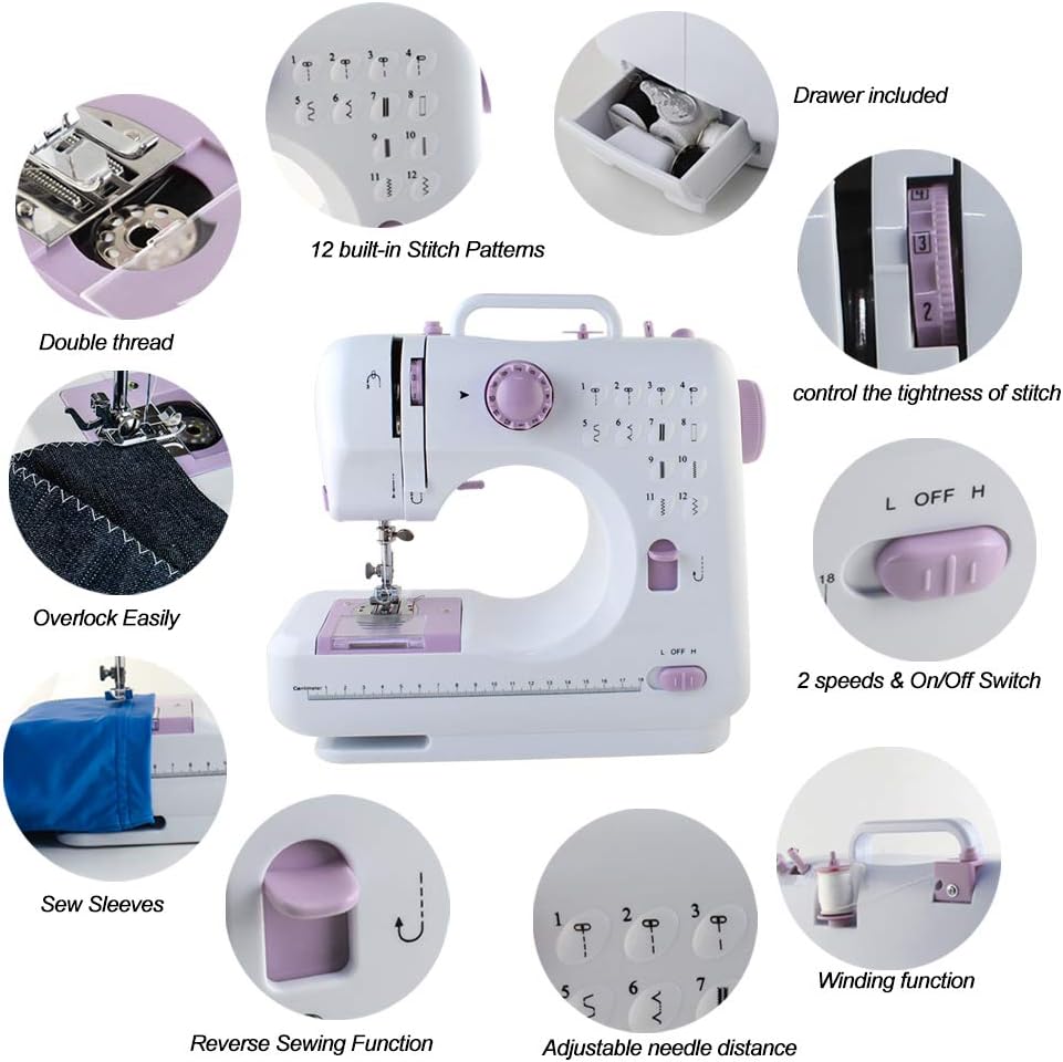 Home Sewing Machine 12 Needle Portable Mini Electric Sewing Machine Foot Pedal Dual Thread Ironing Presser Beginner 12 Built-in Stitches 2 Speed, Light, Storage Drawer,expansion table-UK plug