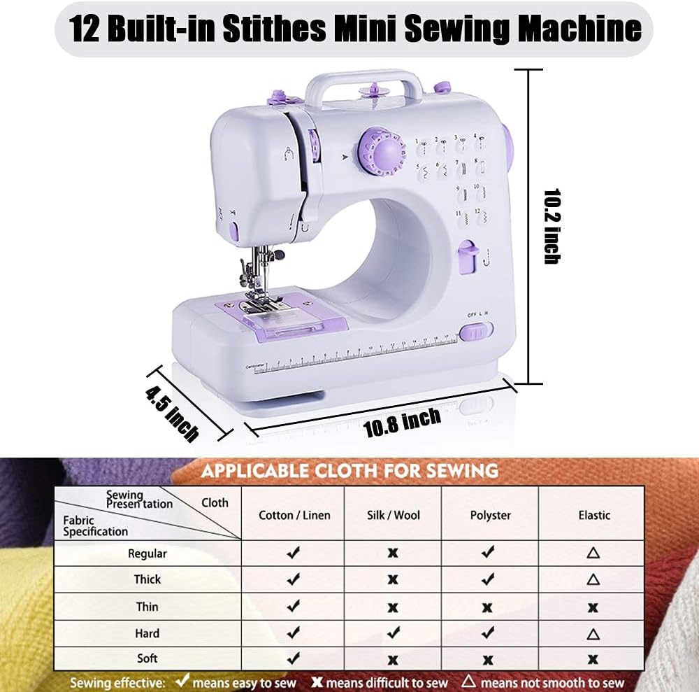 Home Sewing Machine 12 Needle Portable Mini Electric Sewing Machine Foot Pedal Dual Thread Ironing Presser Beginner 12 Built-in Stitches 2 Speed, Light, Storage Drawer,expansion table-UK plug