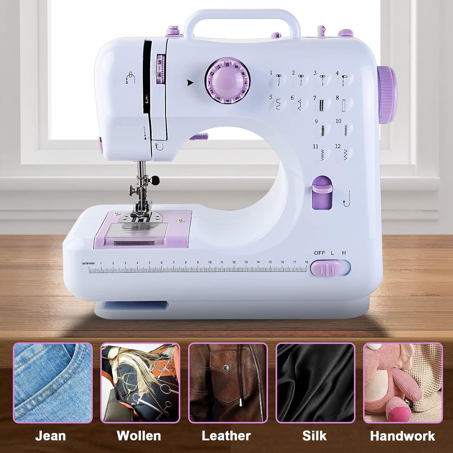 Home Sewing Machine 12 Needle Portable Mini Electric Sewing Machine Foot Pedal Dual Thread Ironing Presser Beginner 12 Built-in Stitches 2 Speed, Light, Storage Drawer,expansion table-UK plug