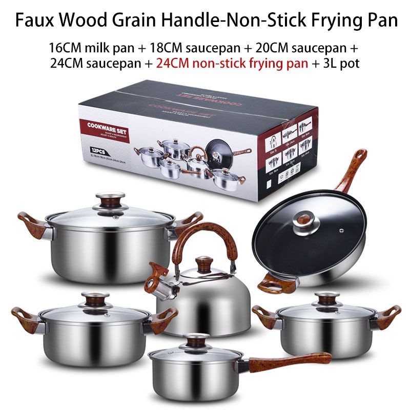12PCS Non-Stick Kitchen Cookware Cookware Set with Frying Pan Pan (6 Pots + 6 Lids) + 1PC 16CM Milk Pan +18CM Saucepan +20CM Saucepan +24CM Saucepan + 24CM Non-Stick Frying Pan + 3L Pot