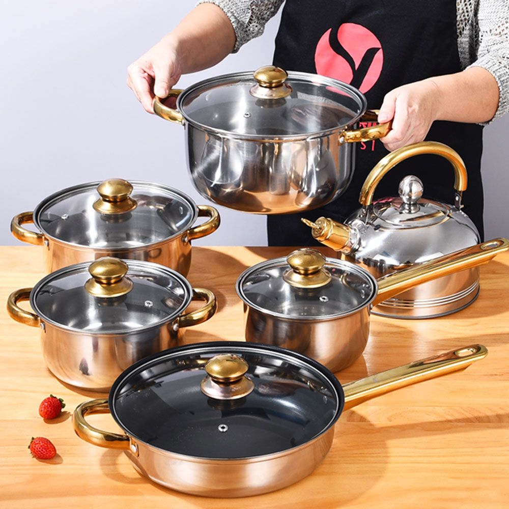 12PCS Non-Stick Kitchen Cookware Cookware Set with Frying Pan Pan (6 Pots + 6 Lids) + 1PC 16CM Milk Pan +18CM Saucepan +20CM Saucepan +24CM Saucepan + 24CM Non-Stick Frying Pan + 3L Pot