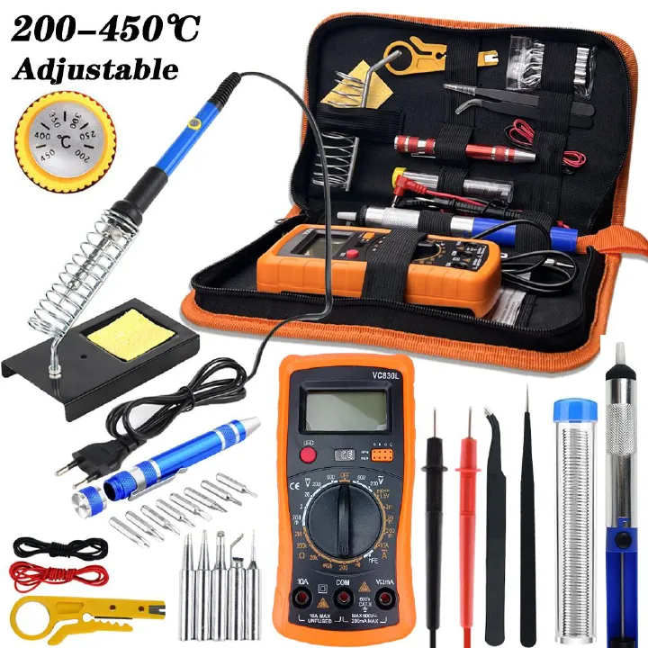 26-in-1 Professional Soldering Iron & Digital Multimeter Kit - 60W Adjustable Temperature (200-450°C) - Ideal Electronics Repair Set for Phone, Radio & Circuit Boards (220V)