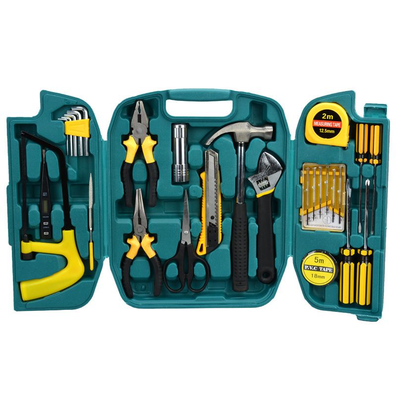 27-in-1 Tool Kit Hardware Repair Hand Tool Set General Repair Automotive Home Renovation Items Hammer Pliers Saw Screwdriver Tape Torch Clock Batch Wrench Stylus Stylus Tape Measure, etc.