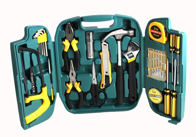 27-in-1 Tool Kit Hardware Repair Hand Tool Set General Repair Automotive Home Renovation Items Hammer Pliers Saw Screwdriver Tape Torch Clock Batch Wrench Stylus Stylus Tape Measure, etc.