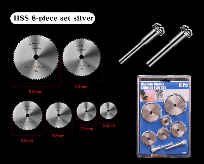 8 Pcs Saw Blade Set 5cm+4.4cm+3.5cm+3.2cm+2.5cm+2.2cm Saw Blade + 2 Connecting Rods Micro Electric Grinder Hammer/Hand Drill Accessory Universal Circular Slicing Set Professional and Private Use