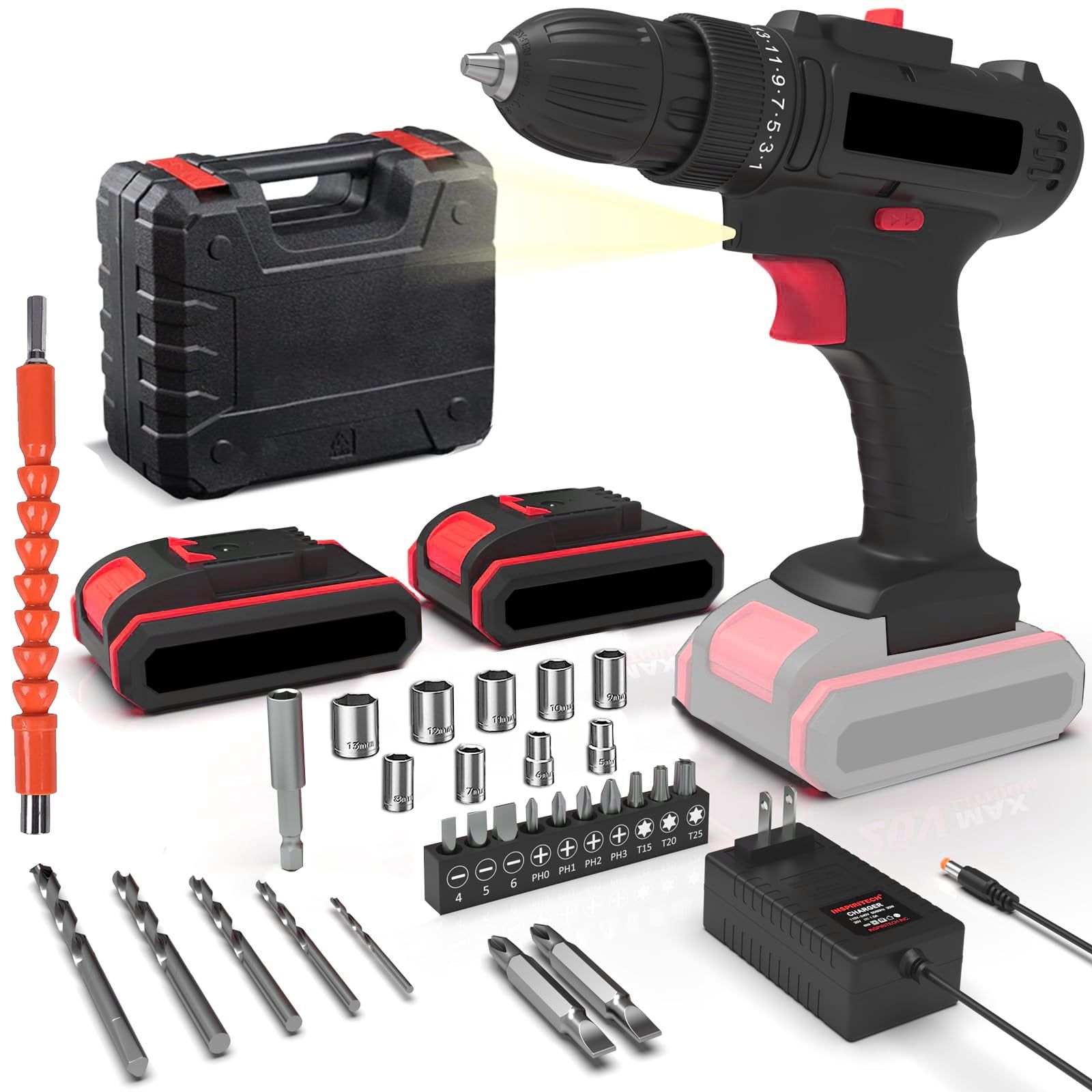 21 V Cordless Multi-Function Cordless Hybrid Drill 3 speeds Lithium Ion Drill (Includes five 1200 mAh Lithium Ion Removable Batteries x 2) Includes Bit, Drill Bit, Sleeve and other Accessories