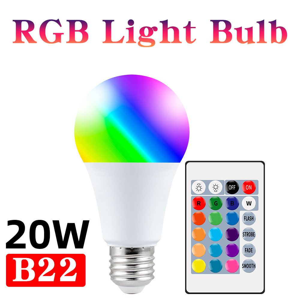 3 Sizes 10W/15W/20W-B22 RGB LED Bulb Discolouration and White Dimmable, Smart, with Remote Control Lighting 16 RGB Colours + Daylight White