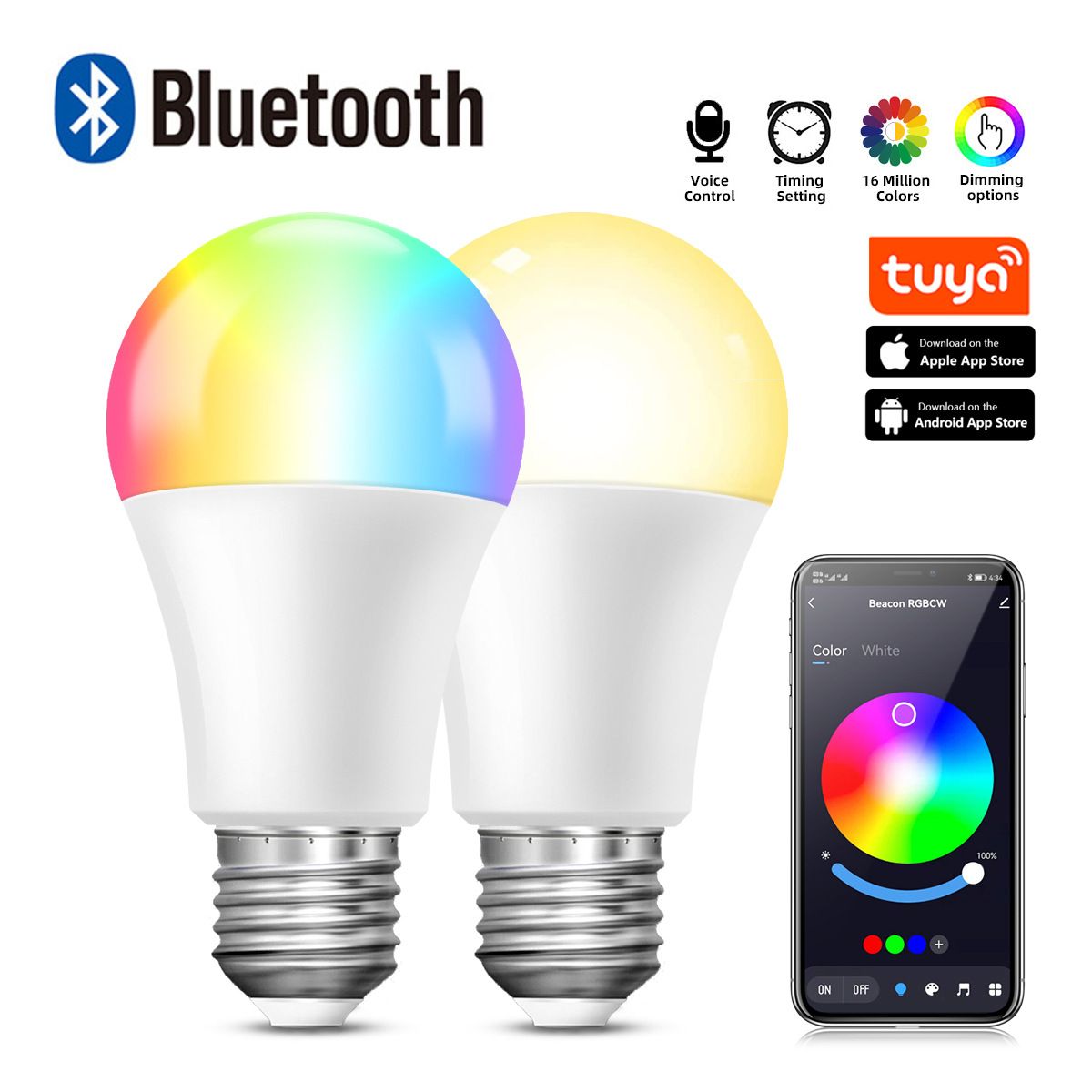 2 Sizes 9W/15W-16 million colours LED RGB bulb B22 Indoor Lighting WiFi Wi-Fi and Bluetooth bulb Multi-colour adjustable Smartlife app control, compatible with TUYA APP (smartlife), Alexa, Google Home