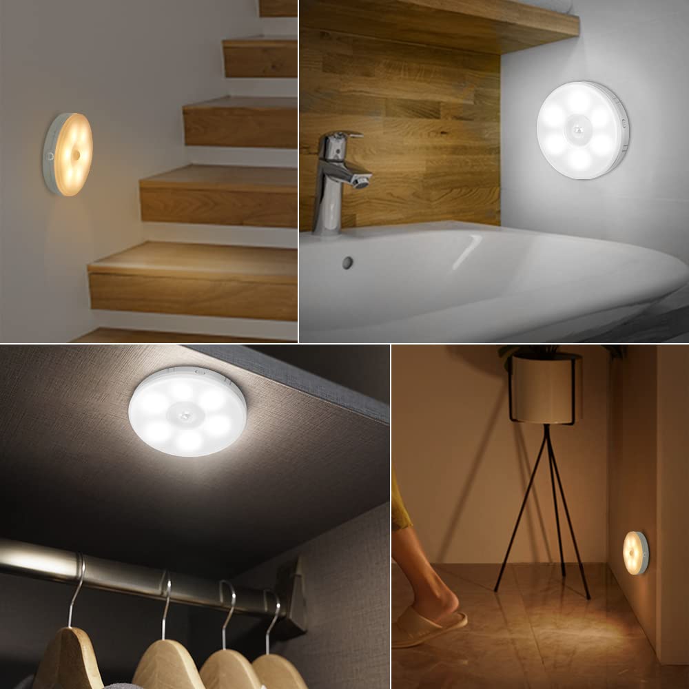Motion Sensor LED Night Light, USB Charging, 4 Modes (Cold Auto/Warm Auto/On/Off), Two Colours Upgrade, Magnetic Sticker Wireless Wall Light Cabinet Light for Kitchen, Stairs, Bedroom, Hallway