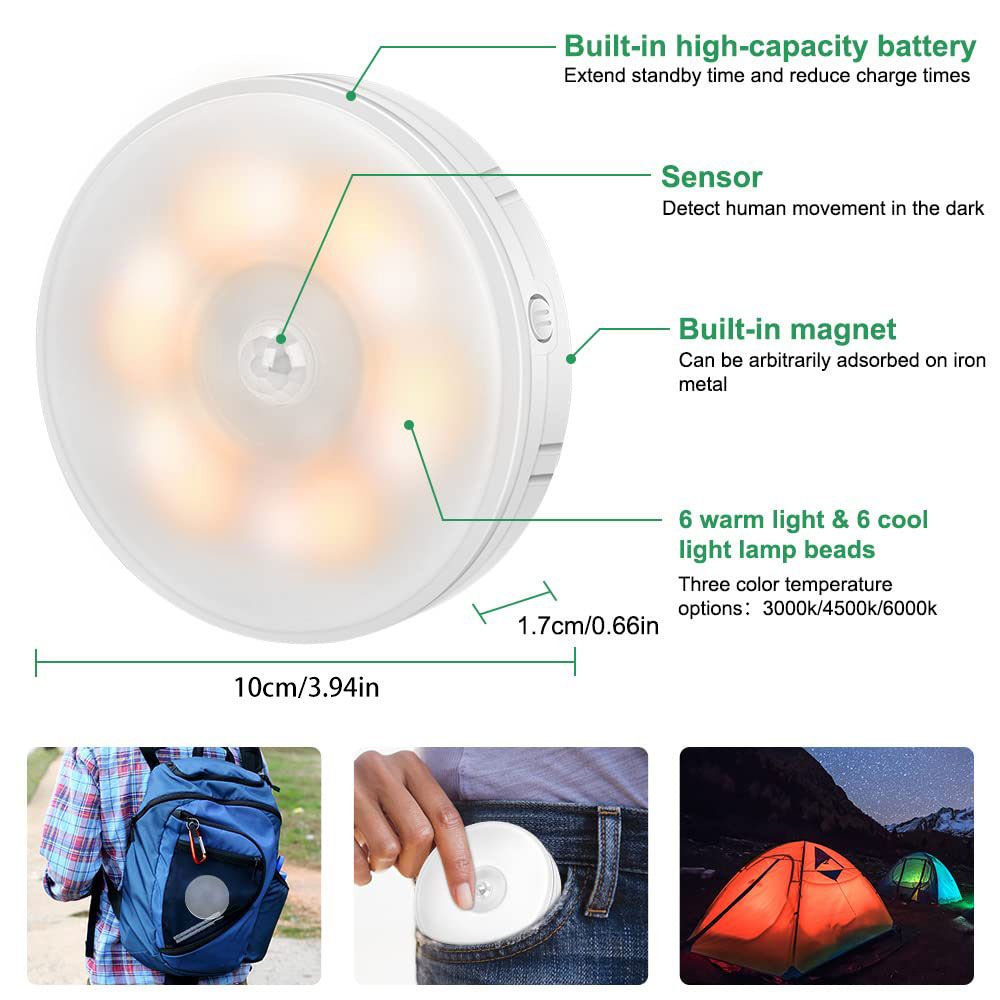 Motion Sensor LED Night Light, USB Charging, 4 Modes (Cold Auto/Warm Auto/On/Off), Two Colours Upgrade, Magnetic Sticker Wireless Wall Light Cabinet Light for Kitchen, Stairs, Bedroom, Hallway