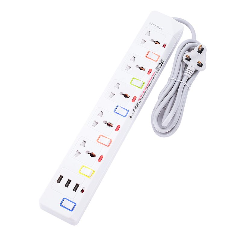 5 Holes + 3 usb multi power outlet surge protector power strip wide outlet with 6 individual controls wall mounted desktop extension cord 6.56 ft (approx. 2 m) for home office white - uk specification White